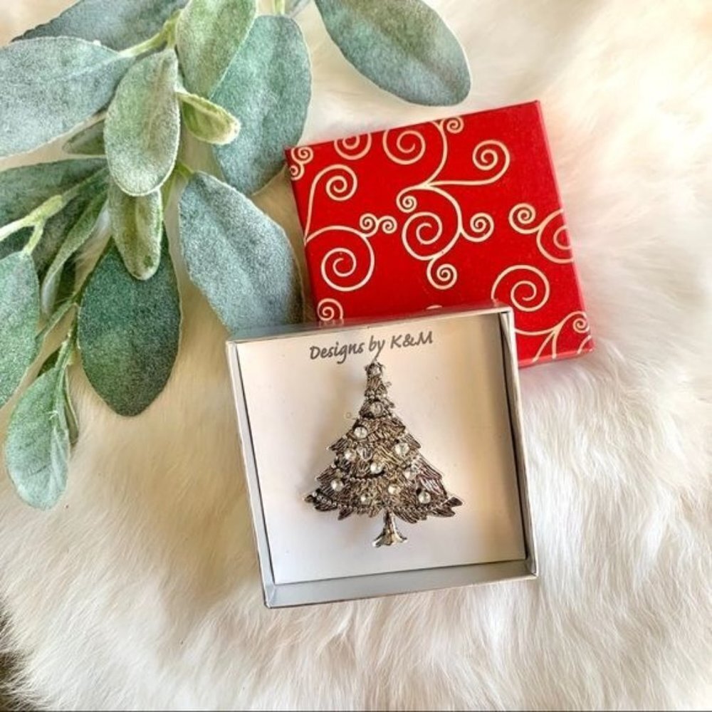 K & M Silver Christmas Tree Brooch Holiday Stocking Stuffer Gift Idea